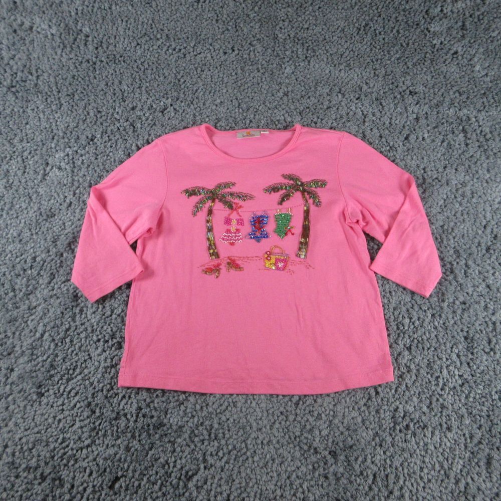 Quacker Factory Shirt Womens Small Pink Embellished Palm Tree Print